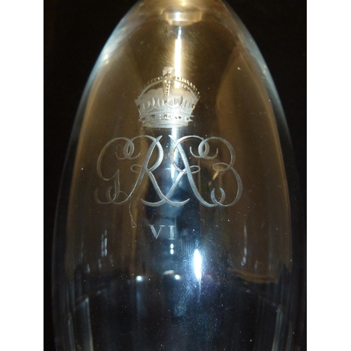 134 - Keith Murray - a 1937 commemorative glass decanter and stopper, of elongated ovoid form engraved wit... 