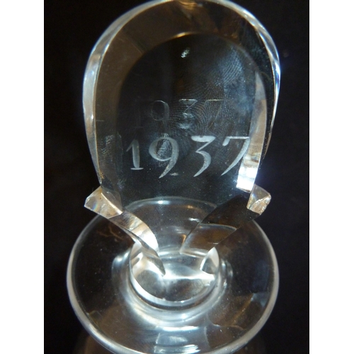 134 - Keith Murray - a 1937 commemorative glass decanter and stopper, of elongated ovoid form engraved wit... 