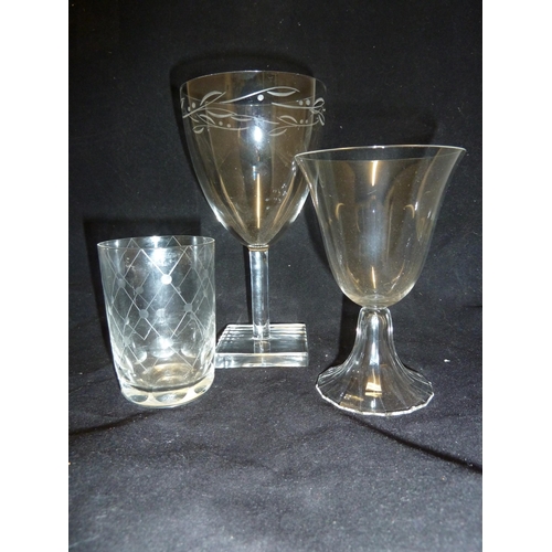 133 - Keith Murray for Royal Brierley - 3 glasses, comprising: wine glass on square foot, the bowl engrave... 