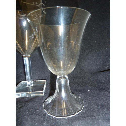 133 - Keith Murray for Royal Brierley - 3 glasses, comprising: wine glass on square foot, the bowl engrave... 