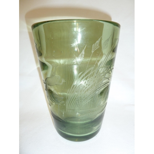 136 - Whitefriars - a sea green optic vase, 9094, engraved with pond side pattern of leaping frogs, insect... 