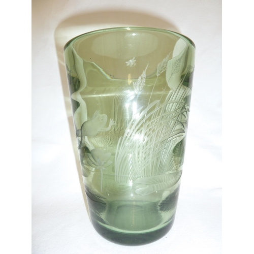 136 - Whitefriars - a sea green optic vase, 9094, engraved with pond side pattern of leaping frogs, insect... 