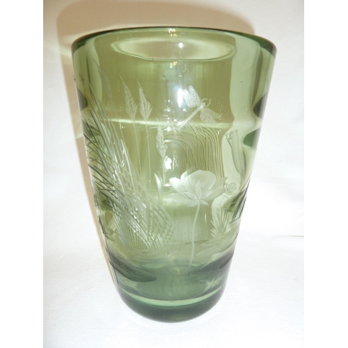 136 - Whitefriars - a sea green optic vase, 9094, engraved with pond side pattern of leaping frogs, insect... 