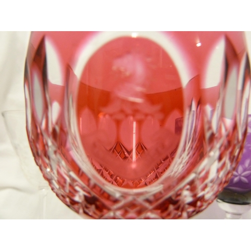 95 - Stourbridge Glass - a group of glasses, comprising a red cased wine glass with English Crest and mot... 