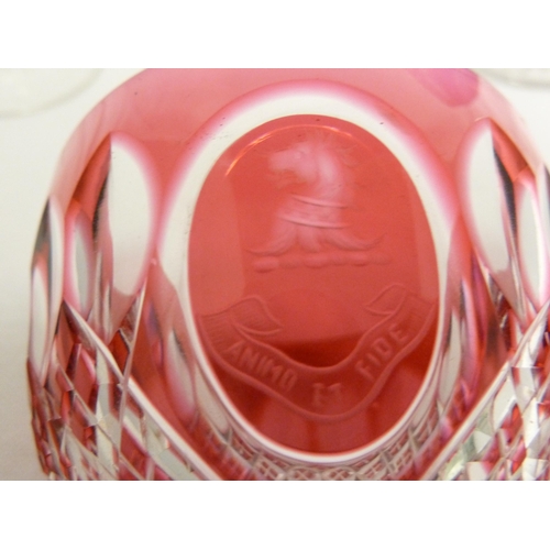 95 - Stourbridge Glass - a group of glasses, comprising a red cased wine glass with English Crest and mot... 