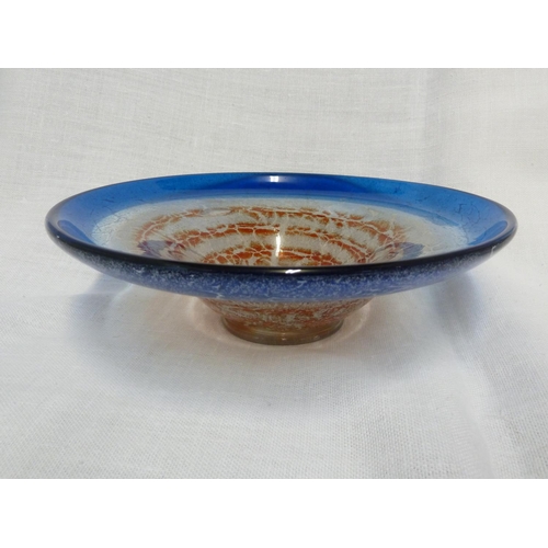 51 - WMF Ikora - a glass bowl, circular with deep blue rim about a red swirl on a marbelled white ground,... 