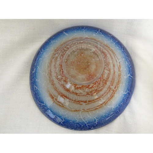 51 - WMF Ikora - a glass bowl, circular with deep blue rim about a red swirl on a marbelled white ground,... 