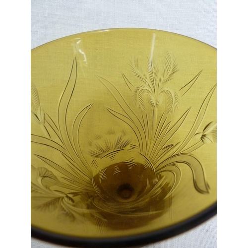 127 - Walsh Walsh - an amber conical glass vase, intaglio cut with Iris flowers, Waterlilies and leaves, 1... 