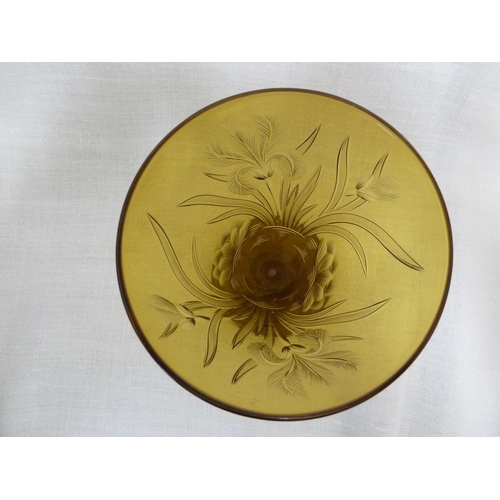 127 - Walsh Walsh - an amber conical glass vase, intaglio cut with Iris flowers, Waterlilies and leaves, 1... 