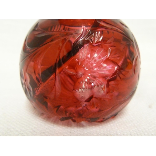 102 - Stevens and Williams - three globe form open salts, comprising cranberry and citron yellow  intaglio... 