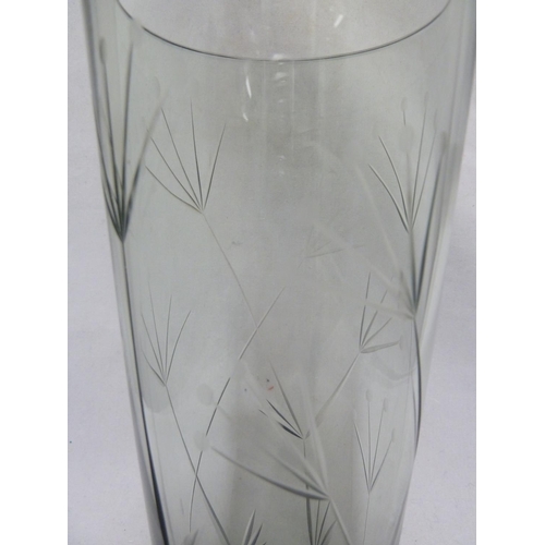 150 - Geoffrey Baxter for Whitefriars- a sea green cylindrical glass vase cut with Cow Parsley design, No ... 