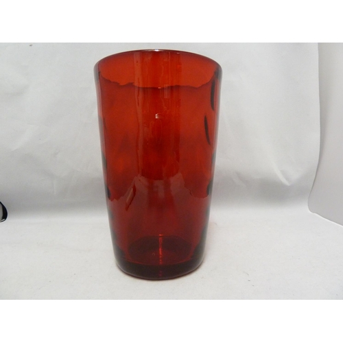 147 - Marriott Powell for Whitefriars - An 8473 wave ribbed tumbler glass vase, ruby colour, 20cm high