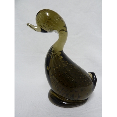 152 - Whitefriars - a large size (Mummy) Dilly Duck in willow; and a Dilly Duck in sea green, 16.5cm high ... 