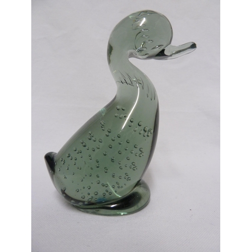 152 - Whitefriars - a large size (Mummy) Dilly Duck in willow; and a Dilly Duck in sea green, 16.5cm high ... 