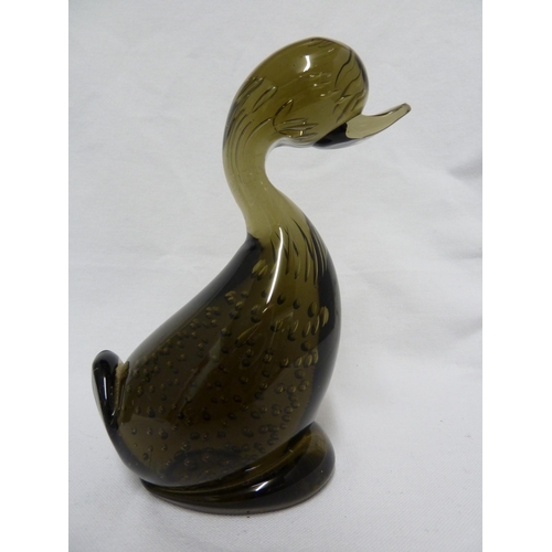 152 - Whitefriars - a large size (Mummy) Dilly Duck in willow; and a Dilly Duck in sea green, 16.5cm high ... 