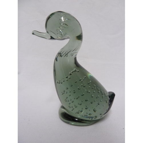 152 - Whitefriars - a large size (Mummy) Dilly Duck in willow; and a Dilly Duck in sea green, 16.5cm high ... 