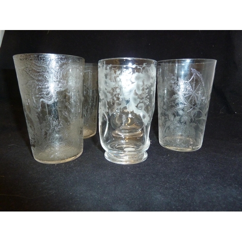 118 - English Glass - five acid cut beakers, the finely pencilled designs including one with a spiders web... 