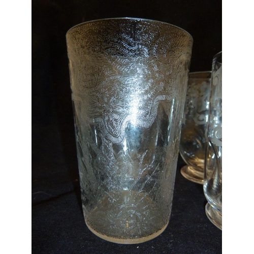 118 - English Glass - five acid cut beakers, the finely pencilled designs including one with a spiders web... 