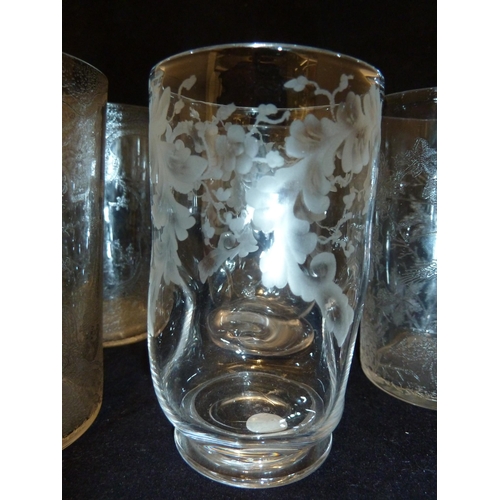 118 - English Glass - five acid cut beakers, the finely pencilled designs including one with a spiders web... 