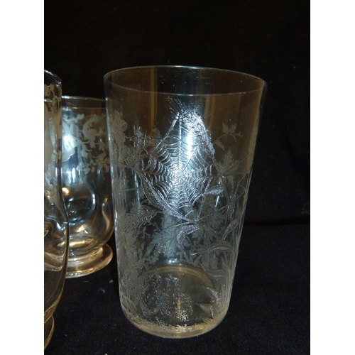 118 - English Glass - five acid cut beakers, the finely pencilled designs including one with a spiders web... 