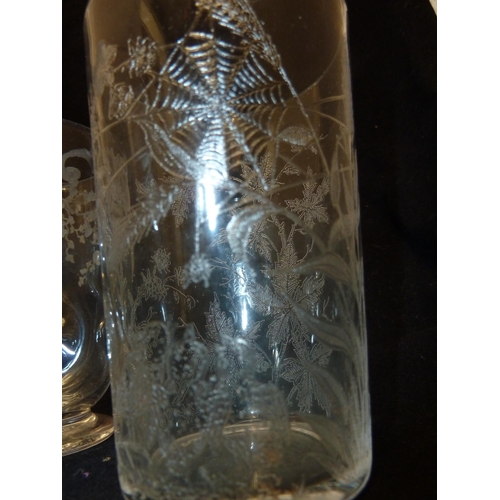 118 - English Glass - five acid cut beakers, the finely pencilled designs including one with a spiders web... 