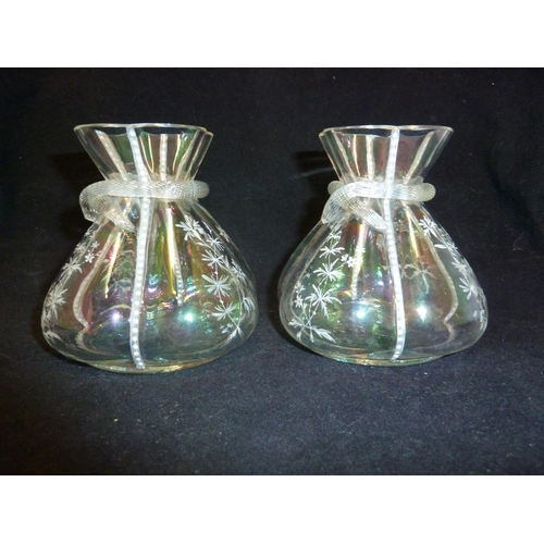 44 - Lobmeyr - pair of iridescent glass money purse form glass vases, lobed, and enameled with flowers an... 