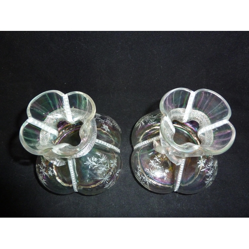 44 - Lobmeyr - pair of iridescent glass money purse form glass vases, lobed, and enameled with flowers an... 