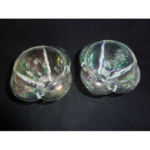 44 - Lobmeyr - pair of iridescent glass money purse form glass vases, lobed, and enameled with flowers an... 