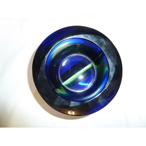 238 - František Vizner - a heavy cylinder glass bowl, the blue green cased glass cut with lenses and V cut... 