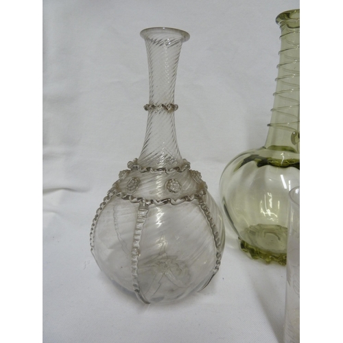 156 - Table Glass - two carafes, one colourless, probably Dutch decorated with rigaree and raspberry prunt... 