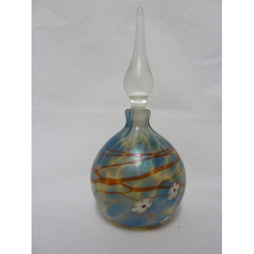 169 - Perfume Bottles - Siddy Langley - a blue /amber swirl glass perfume bottle and stopper; and a OKRA g... 