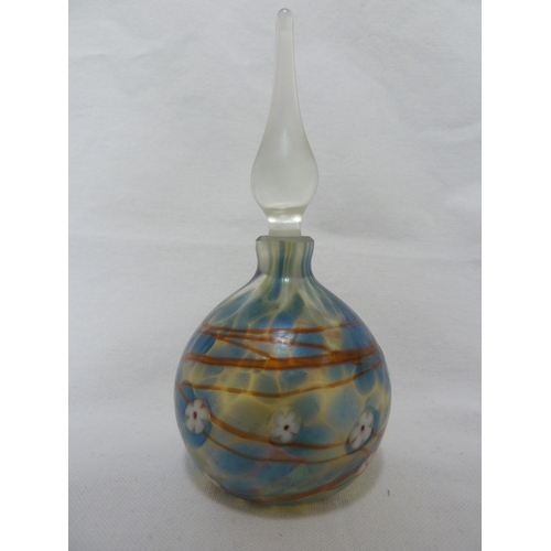 169 - Perfume Bottles - Siddy Langley - a blue /amber swirl glass perfume bottle and stopper; and a OKRA g... 