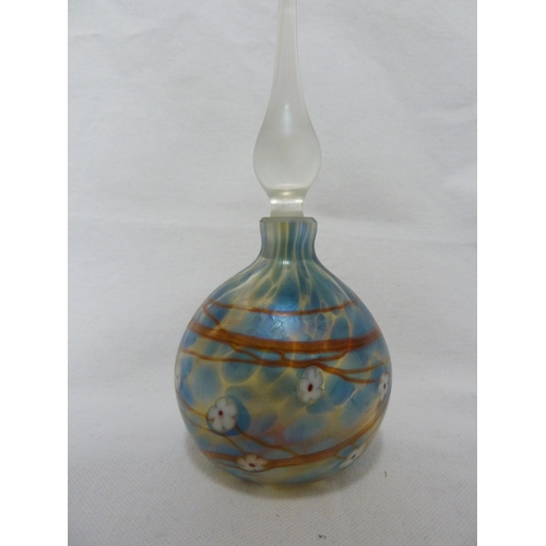 169 - Perfume Bottles - Siddy Langley - a blue /amber swirl glass perfume bottle and stopper; and a OKRA g... 