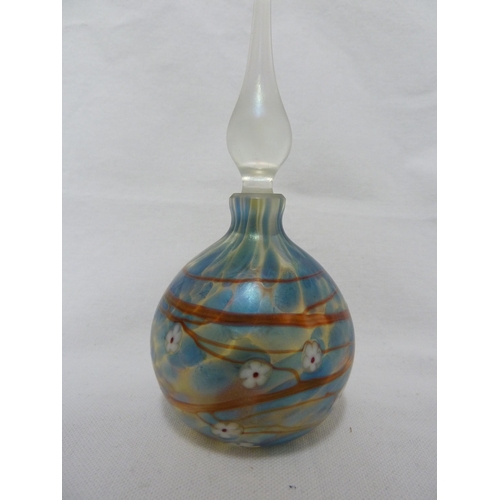 169 - Perfume Bottles - Siddy Langley - a blue /amber swirl glass perfume bottle and stopper; and a OKRA g... 