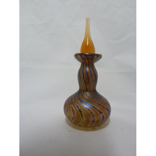 169 - Perfume Bottles - Siddy Langley - a blue /amber swirl glass perfume bottle and stopper; and a OKRA g... 