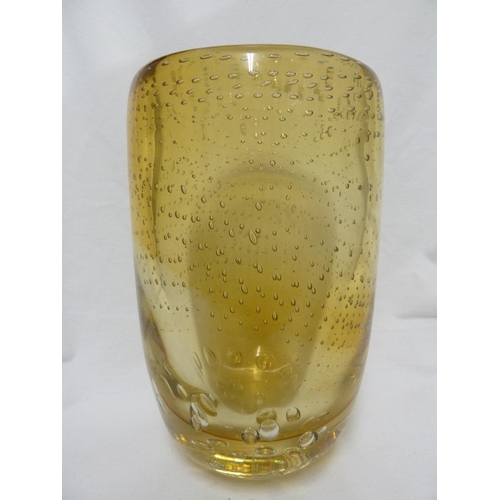 146 - English Glass - a large yellow cased bubble vase, the controlled lines of bubbles over larger random... 