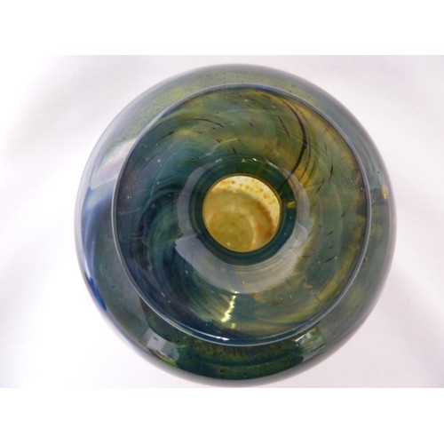 166 - Isle of Wight - a Blue Aurene bottle and stopper, the squat ovoid form body surmounted by a ball sto... 