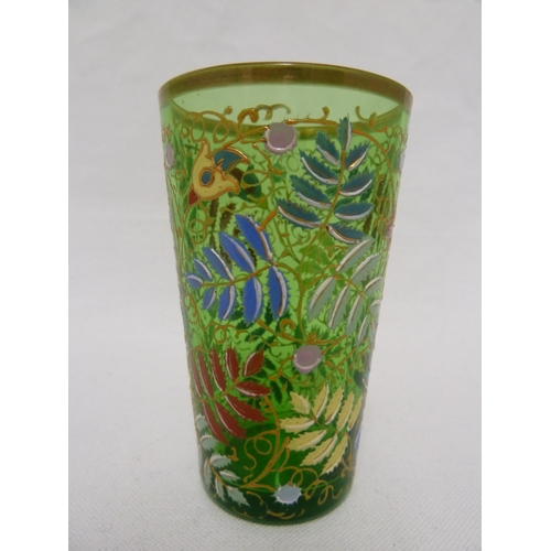 71 - Moser - a green glass beaker enamelled in polychrome colours with ferns and flowers, 9.5cm high appr... 