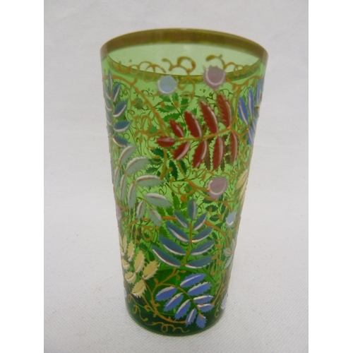 71 - Moser - a green glass beaker enamelled in polychrome colours with ferns and flowers, 9.5cm high appr... 