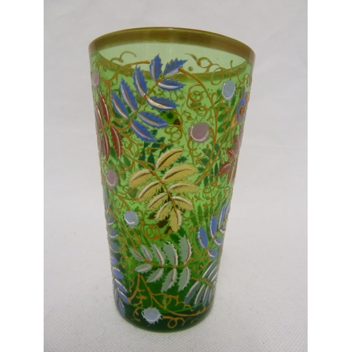 71 - Moser - a green glass beaker enamelled in polychrome colours with ferns and flowers, 9.5cm high appr... 