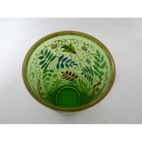 71 - Moser - a green glass beaker enamelled in polychrome colours with ferns and flowers, 9.5cm high appr... 