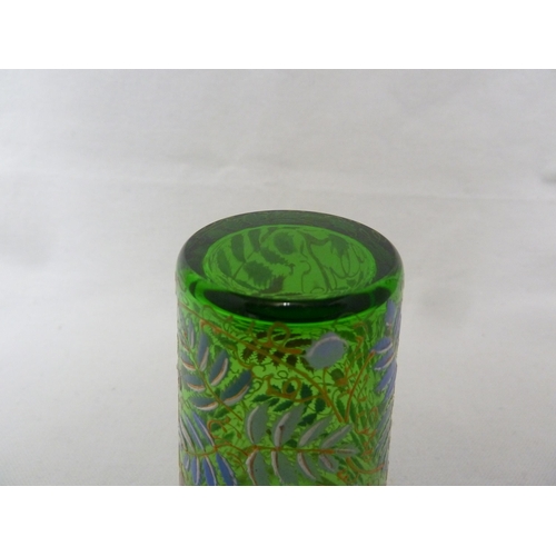 71 - Moser - a green glass beaker enamelled in polychrome colours with ferns and flowers, 9.5cm high appr... 