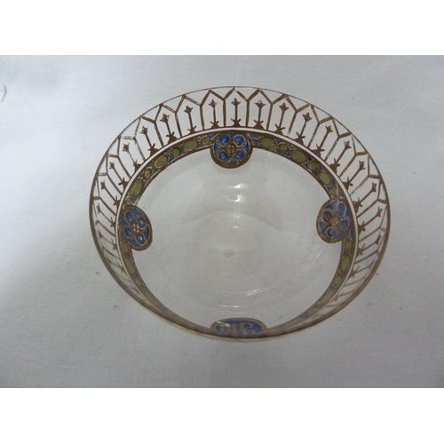 40 - Russian Glass - an enamel finger bowl and stand, enamelled and gilded with a dentil frieze over a gr... 