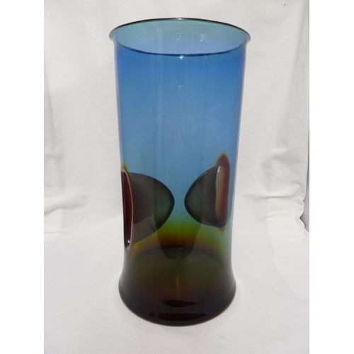 234 - Pavel Hlava - a hedgehog vase, the cylindrical shape with inverted 'spikes', the glass of dark rainb... 