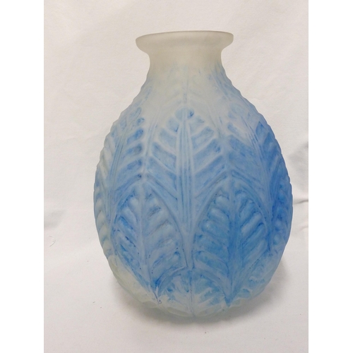 10 - French Glass - a Art Deco moulded glass vase, of ovoid form decorated with overlapping leaves, blue ... 