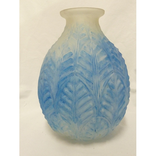 10 - French Glass - a Art Deco moulded glass vase, of ovoid form decorated with overlapping leaves, blue ... 