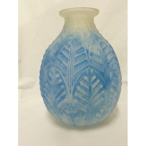 10 - French Glass - a Art Deco moulded glass vase, of ovoid form decorated with overlapping leaves, blue ... 