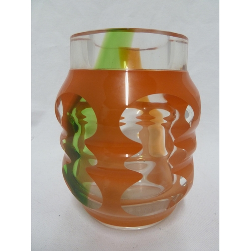 214 - Vratislav Šotola for Moser - an orange flashed glass vase cut through to emerald green striped colou... 