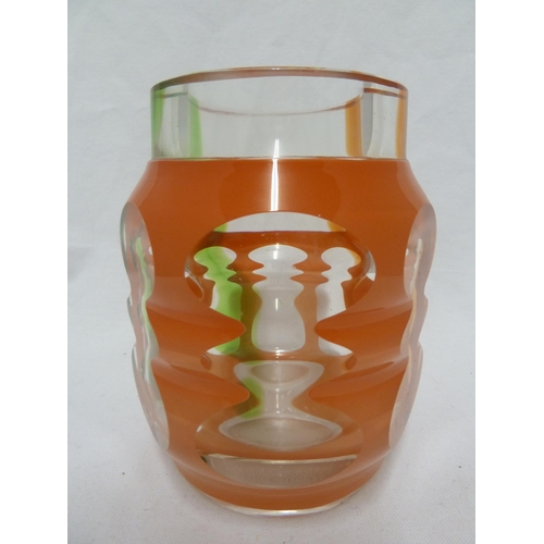 214 - Vratislav Šotola for Moser - an orange flashed glass vase cut through to emerald green striped colou... 