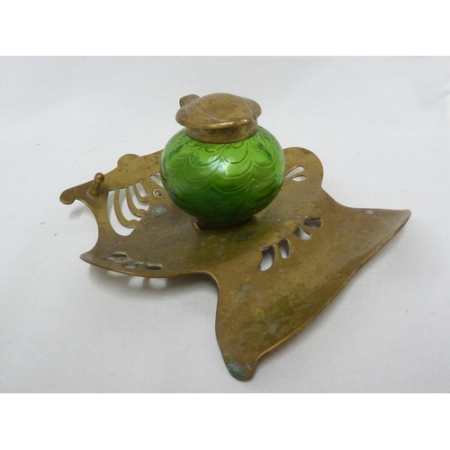 4 - Loetz or Kralic - a green glass and brass Art Nouveau desk stand, the inkwell of glass set on a pier... 